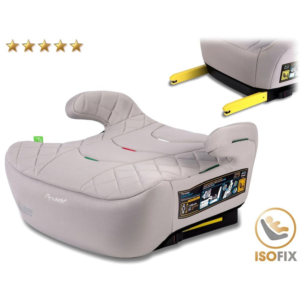Nukido Inaltator auto copii Louis Bej 125-150 cm cu fixare isofixconectori telescopici cu sistem vizual fixare corectatapiterie de calitate superioarahusa detasabila si lavabilacotieredimensiune 32x37x22 cm