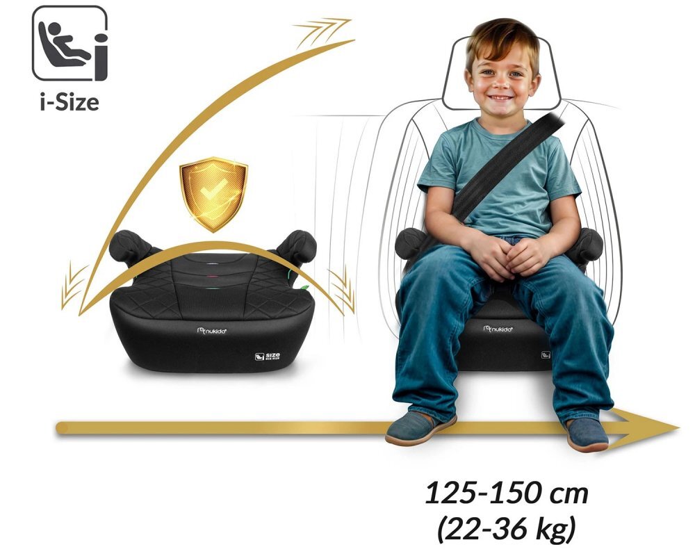 Nukido Inaltator auto copii Louis Negru 125-150 cm cu fixare isofixconectori telescopici cu sistem vizual fixare corectatapiterie de calitate superioarahusa detasabila si lavabilacotieredimensiune 32x37x22 cm