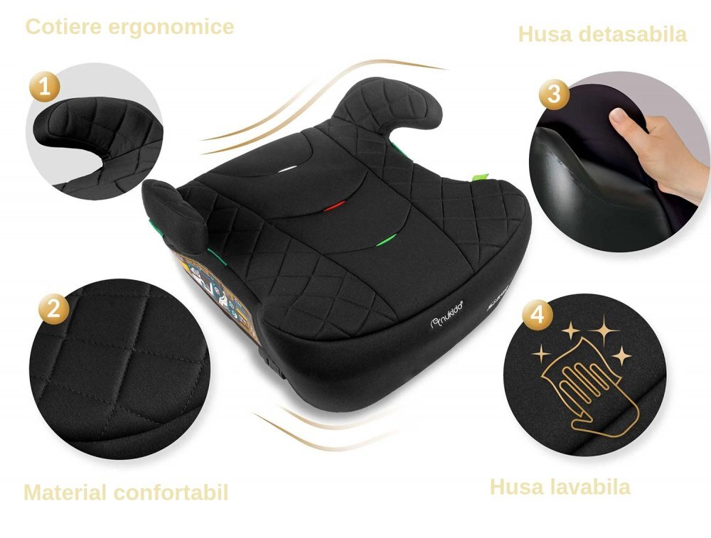 Nukido Inaltator auto copii Louis Negru 125-150 cm cu fixare isofixconectori telescopici cu sistem vizual fixare corectatapiterie de calitate superioarahusa detasabila si lavabilacotieredimensiune 32x37x22 cm