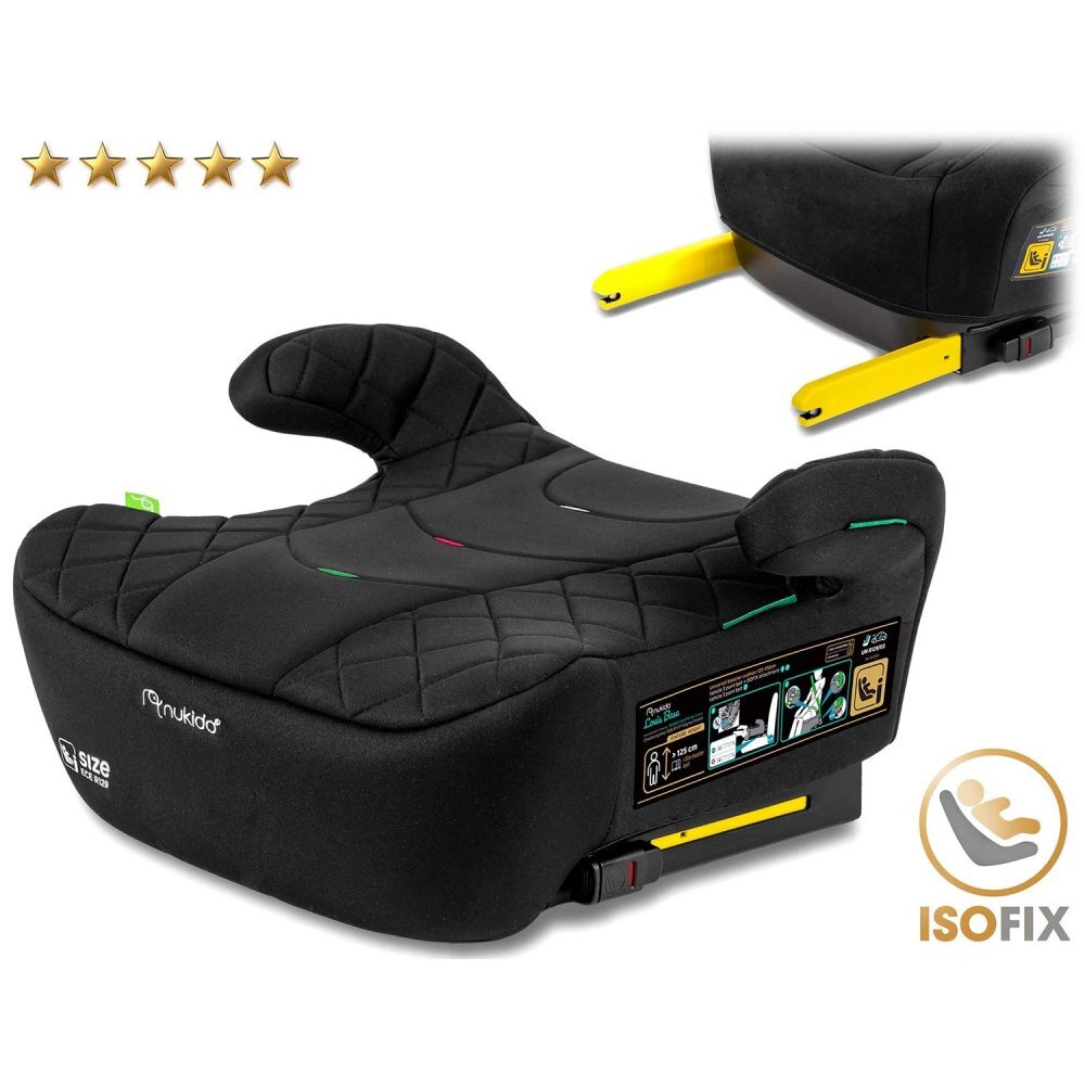 Nukido Inaltator auto copii Louis Negru 125-150 cm cu fixare isofixconectori telescopici cu sistem vizual fixare corectatapiterie de calitate superioarahusa detasabila si lavabilacotieredimensiune 32x37x22 cm