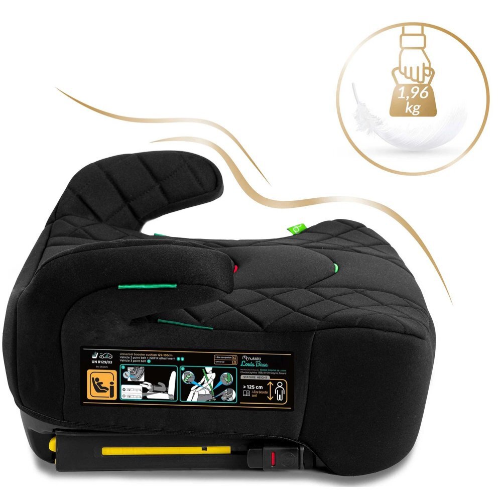 Nukido Inaltator auto copii Louis Negru 125-150 cm cu fixare isofixconectori telescopici cu sistem vizual fixare corectatapiterie de calitate superioarahusa detasabila si lavabilacotieredimensiune 32x37x22 cm