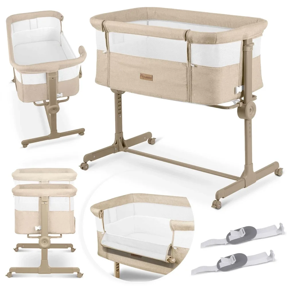 Nukido Patut co-sleeper Bej cu laterala culisantaroti cu franeinaltime reglabilamateriale respirabile curele de fixare la patul parinteluipozitie antirefluxsaltea inclusa