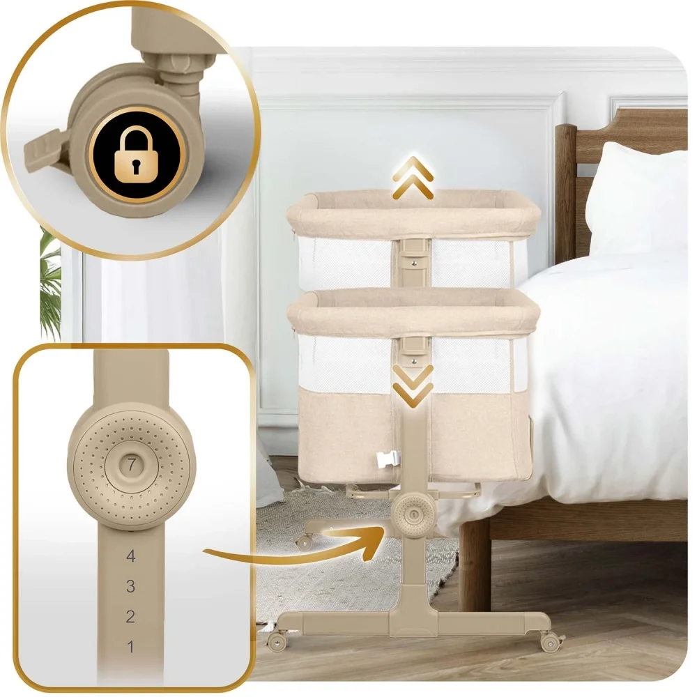 Nukido Patut co-sleeper Bej cu laterala culisantaroti cu franeinaltime reglabilamateriale respirabile curele de fixare la patul parinteluipozitie antirefluxsaltea inclusa
