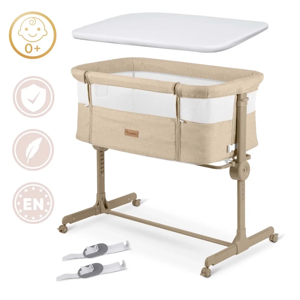 Nukido Patut co-sleeper Bej cu laterala culisantaroti cu franeinaltime reglabilamateriale respirabile curele de fixare la patul parinteluipozitie antirefluxsaltea inclusa