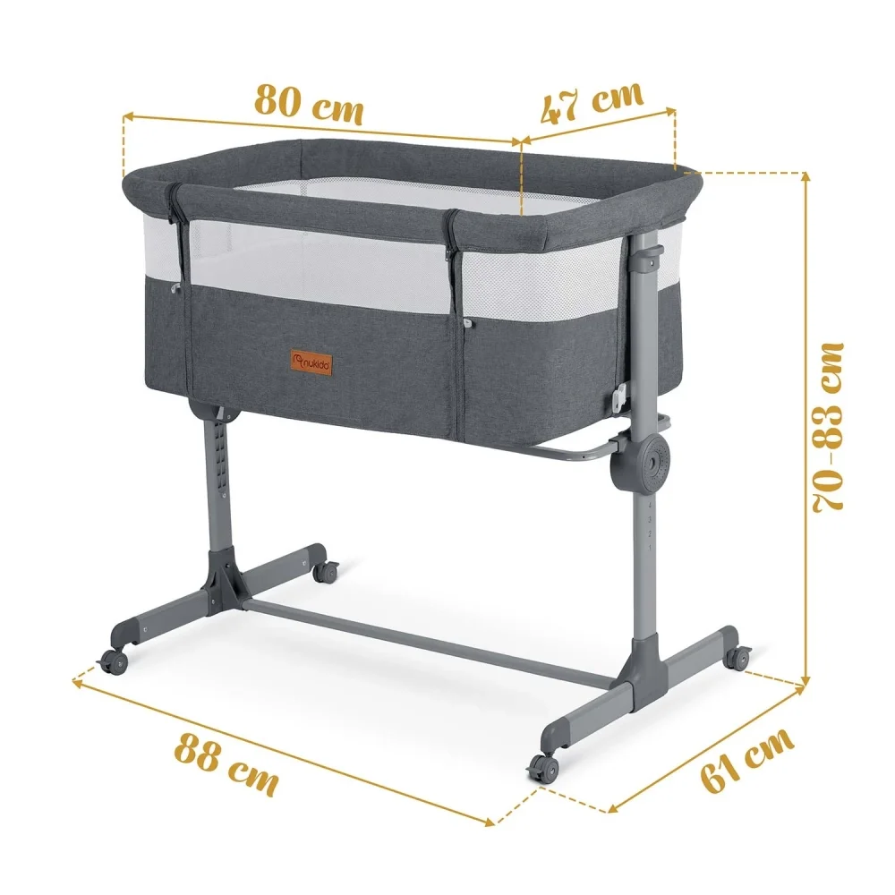 Nukido Patut co-sleeper Gri cu laterala culisantaroti cu franeinaltime reglabilamateriale respirabile curele de fixare la patul parinteluipozitie antirefluxsaltea inclusa