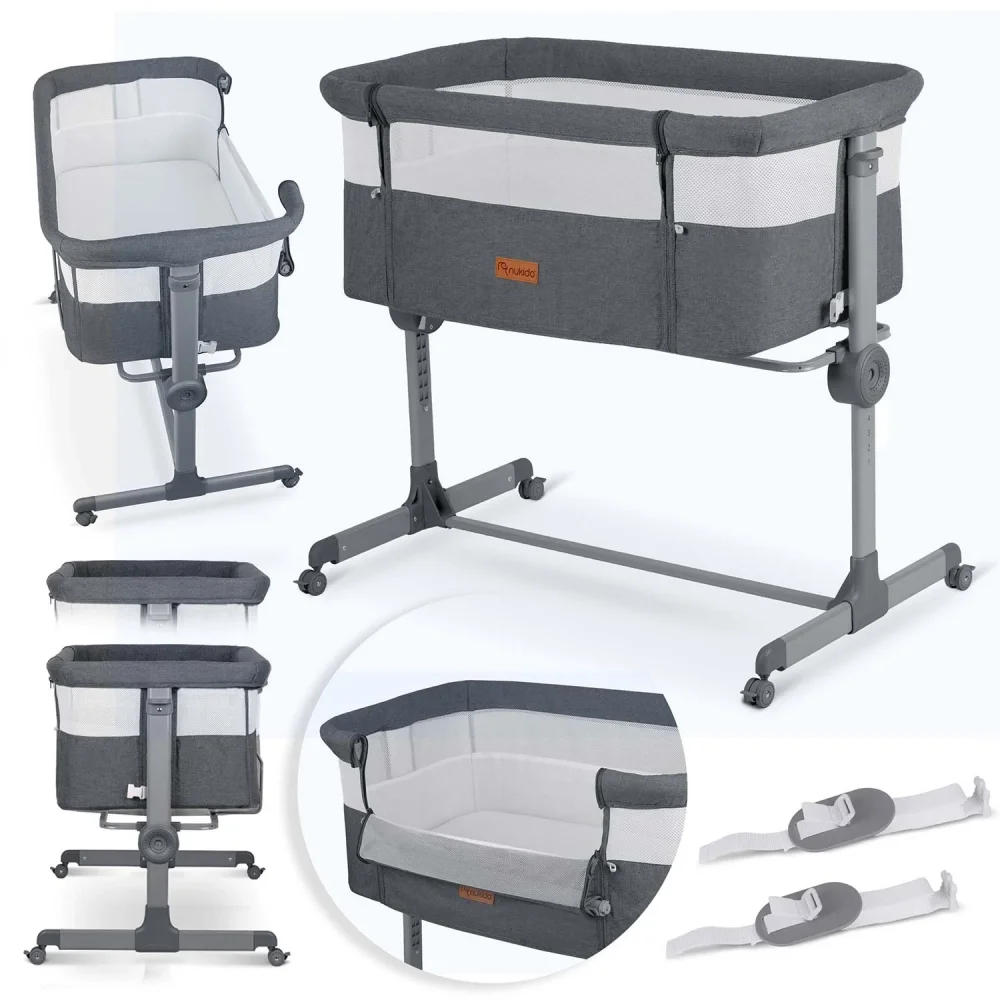 Nukido Patut co-sleeper Gri cu laterala culisantaroti cu franeinaltime reglabilamateriale respirabile curele de fixare la patul parinteluipozitie antirefluxsaltea inclusa