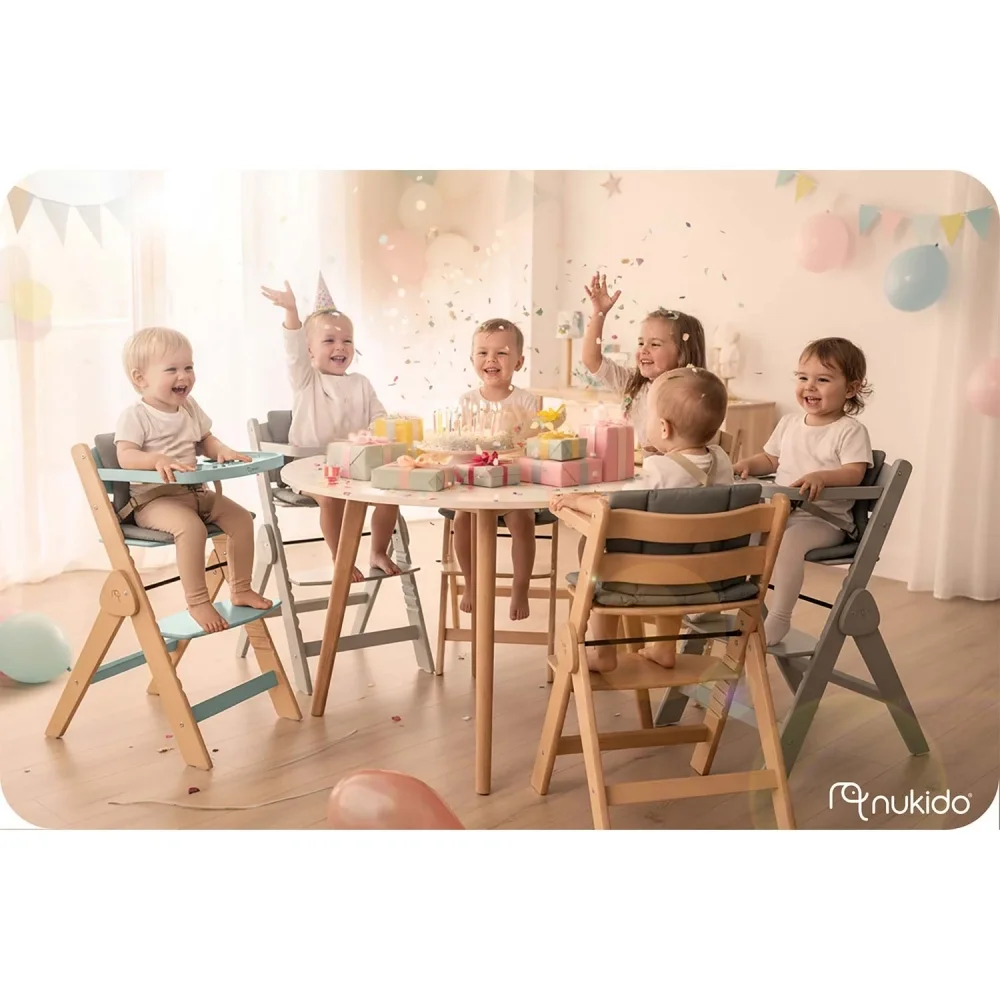 Nukido Scaun de masa 3in1 multifunctional pentru copii Timo Grey design pliabil compact cu structura din lemnrecomandat de la 6 luni pana la 12 ani pernuta inclusa tava detasabila inaltime reglabila
