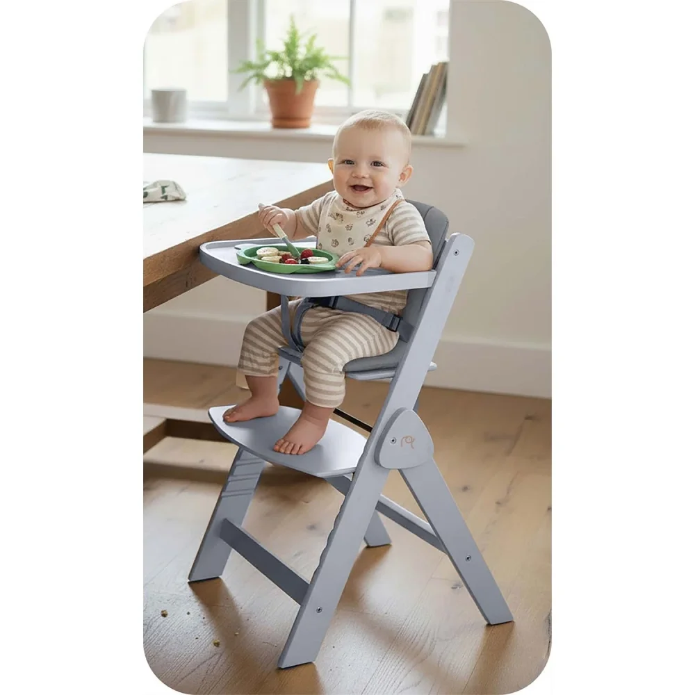 Nukido Scaun de masa 3in1 multifunctional pentru copii Timo Grey design pliabil compact cu structura din lemnrecomandat de la 6 luni pana la 12 ani pernuta inclusa tava detasabila inaltime reglabila
