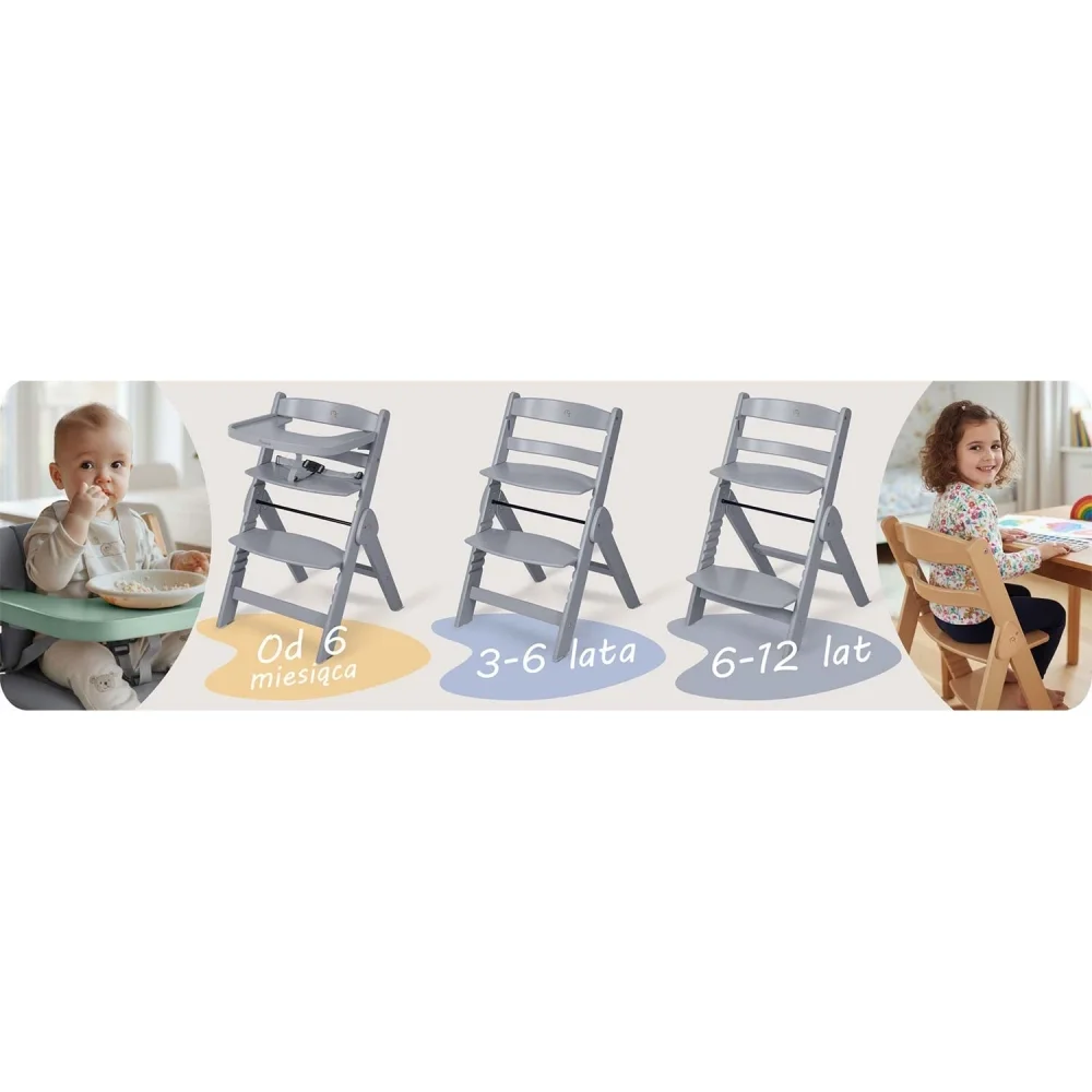 Nukido Scaun de masa 3in1 multifunctional pentru copii Timo Grey design pliabil compact cu structura din lemnrecomandat de la 6 luni pana la 12 ani pernuta inclusa tava detasabila inaltime reglabila