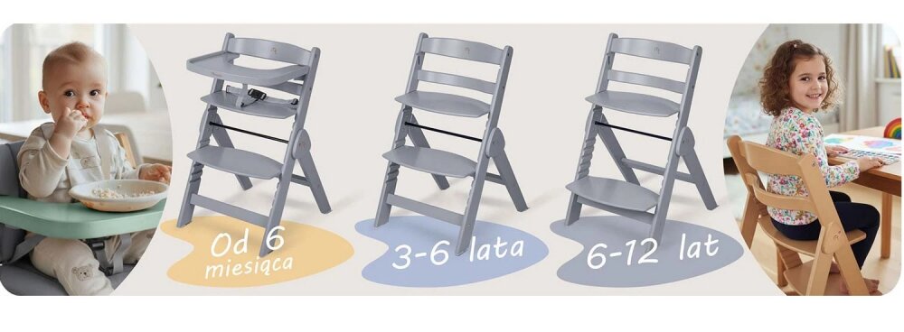 Nukido Scaun de masa 3in1 multifunctional pentru copii Timo Grey design pliabil compact cu structura din lemnrecomandat de la 6 luni pana la 12 ani pernuta inclusa tava detasabila inaltime reglabila
