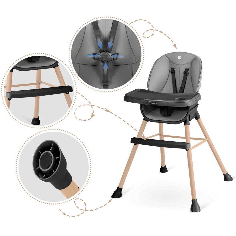 Nukido Scaun de masa multifunctional 3in1 cu utilizare versatilamasuta reglabila si detasabilahusa impermeabilacenturi de siguranta si suport picioare Tilo GriNegru