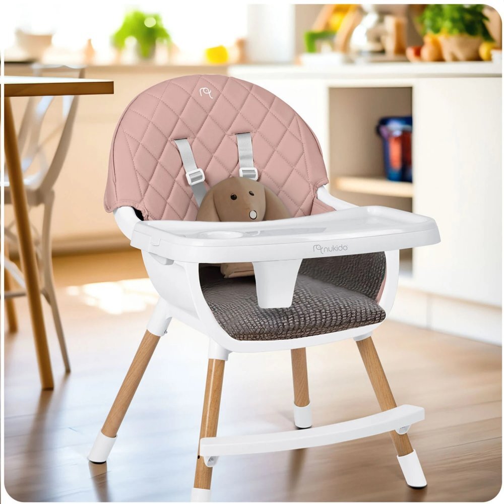 Nukido Scaun de masa multifunctional 3in1 pentru copii cu masuta reglabila si detasabilahusa din PU usor de curatatsuport picioaretransformabil in scaunel clasic Lilo Pink