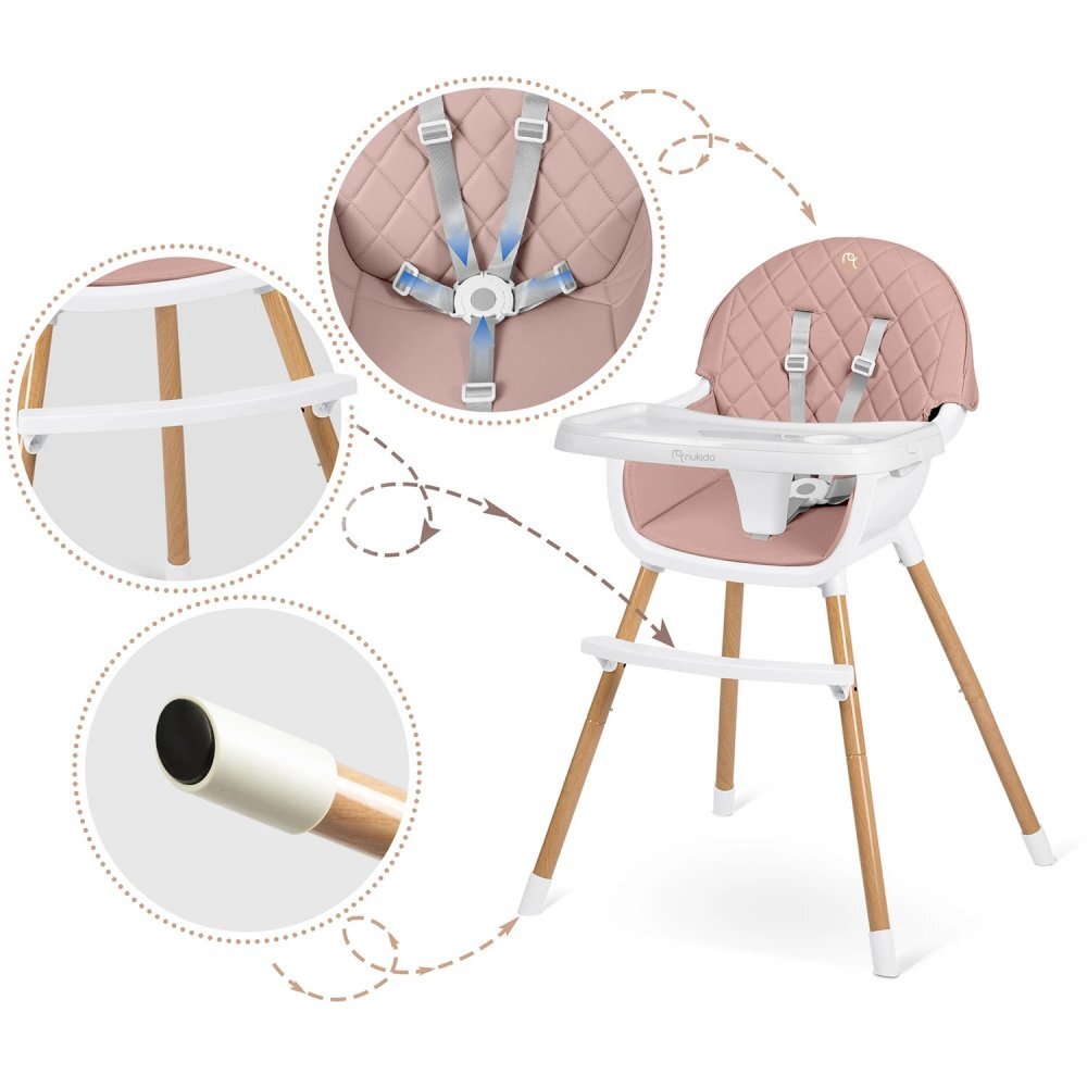 Nukido Scaun de masa multifunctional 3in1 pentru copii cu masuta reglabila si detasabilahusa din PU usor de curatatsuport picioaretransformabil in scaunel clasic Lilo Pink