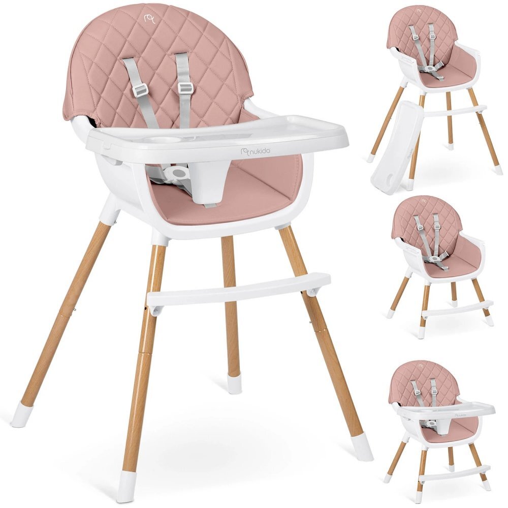 Nukido Scaun de masa multifunctional 3in1 pentru copii cu masuta reglabila si detasabilahusa din PU usor de curatatsuport picioaretransformabil in scaunel clasic Lilo Pink