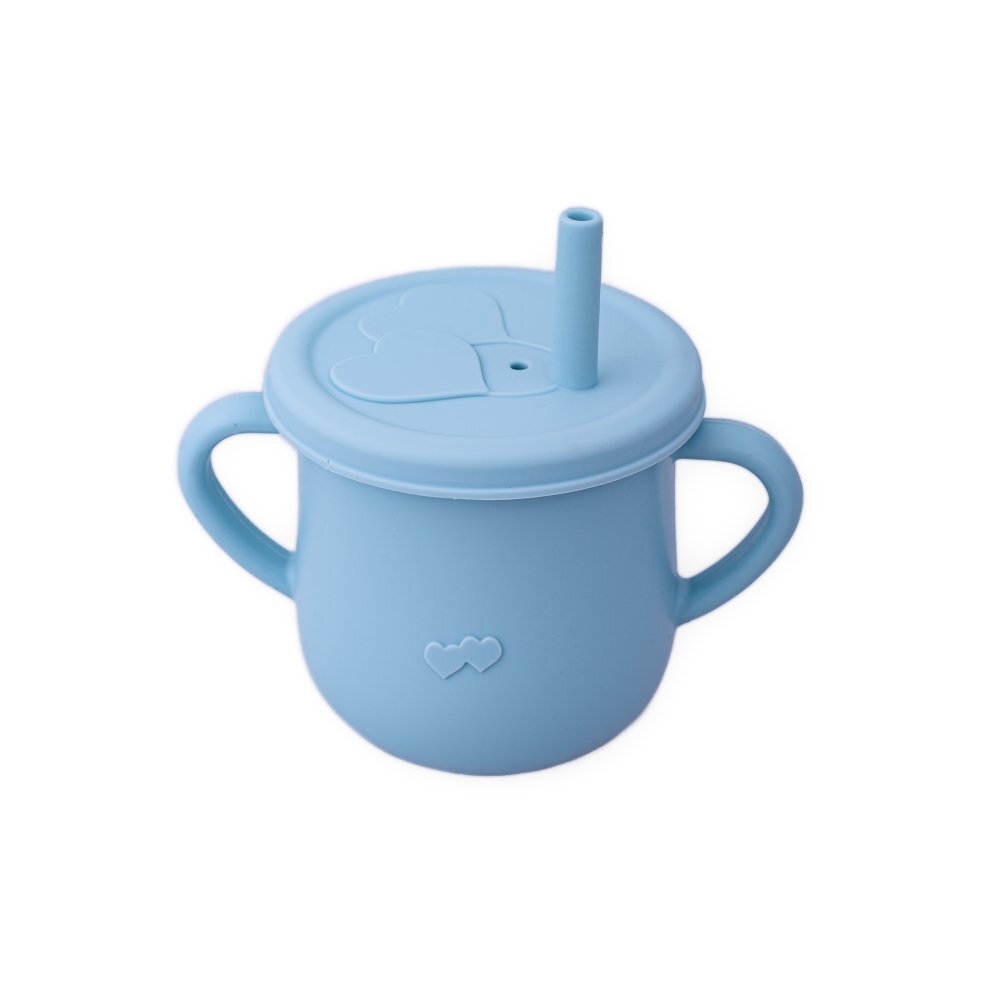 Oaki Cana din silicon cu manere si pai pentru copii 200 ml bleu
