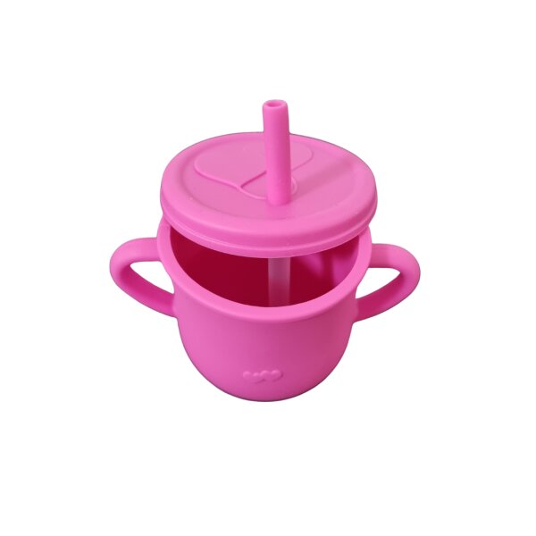Oaki Cana din silicon cu manere si pai pentru copii 200 ml fucsia