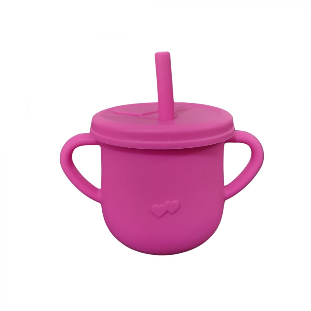 Oaki Cana din silicon cu manere si pai pentru copii 200 ml fucsia