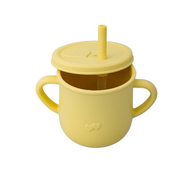 Oaki Cana din silicon cu manere si pai pentru copii 200 ml galben pal
