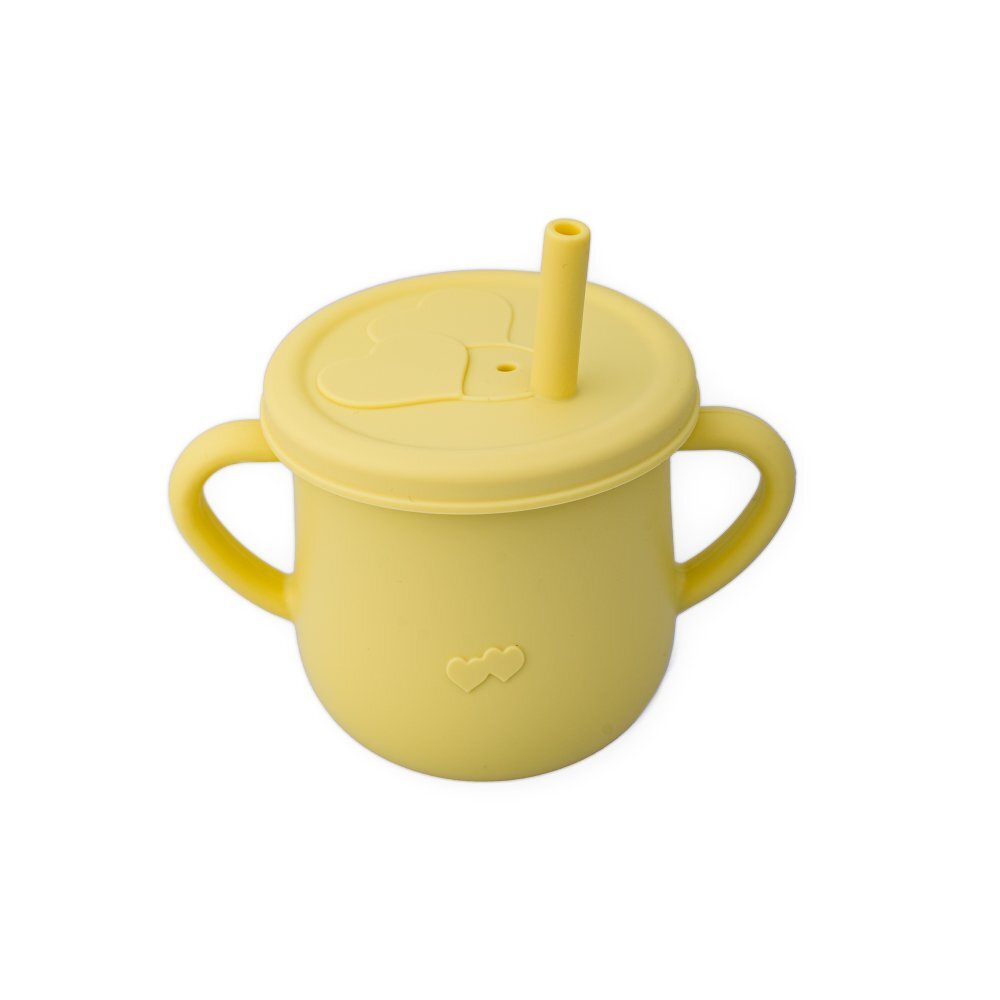 Oaki Cana din silicon cu manere si pai pentru copii 200 ml galben pal