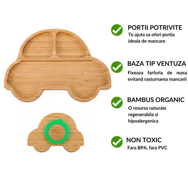 Oaki Farfurie masinuta din bambus organic cu baza tip ventuza albastru