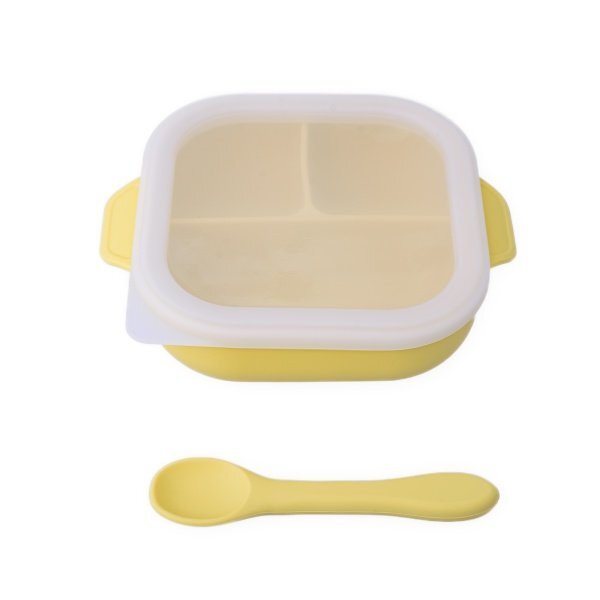 Oaki Set castron farfurie cu ventuza lingurita si capac galben pal