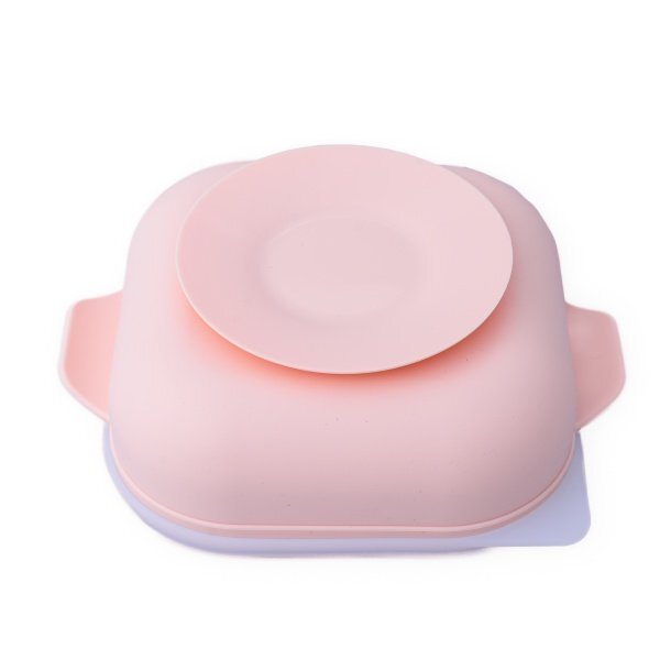 Oaki Set castron farfurie cu ventuza lingurita si capac roz pal