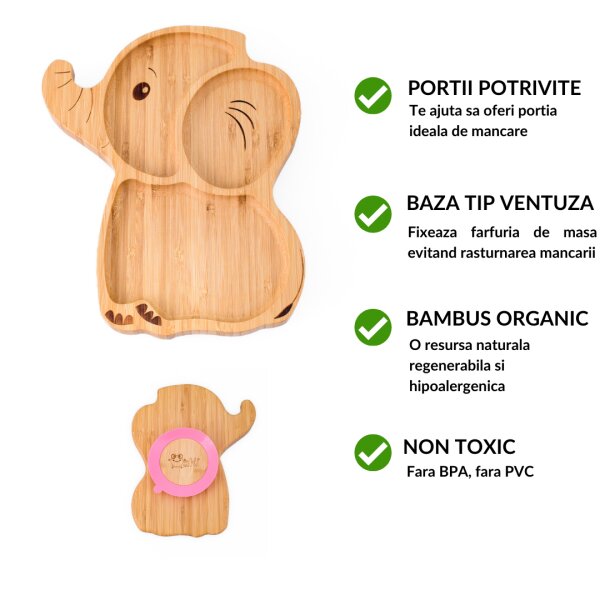 Oaki Set castron si farfurie cu lingurita pentru diversificare din bambus Elefant Galben