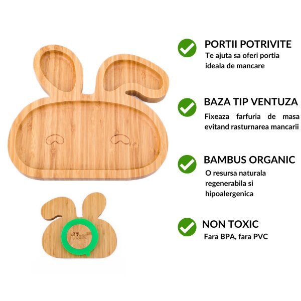 Oaki Set castron si farfurie iepuras din bambus cu lingurita pentru copii portocaliu