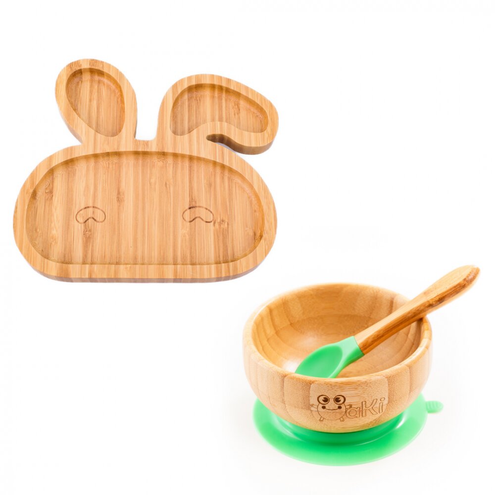 Oaki Set castron si farfurie iepuras din bambus cu lingurita pentru copii verde
