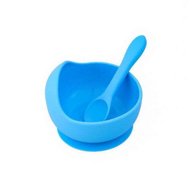 Oaki Set diversificare pentru copii castron cu ventuza si lingurita din silicon albastru