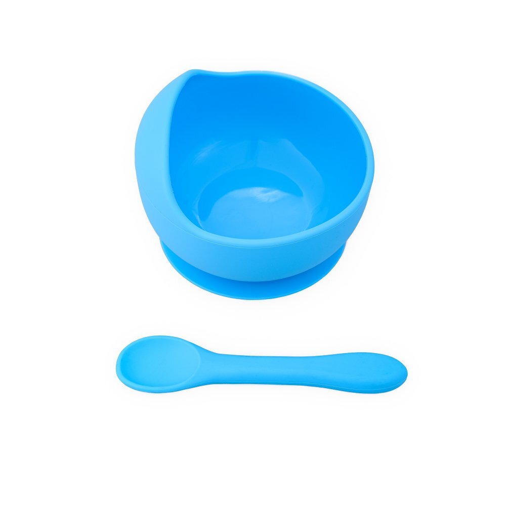 Oaki Set diversificare pentru copii castron cu ventuza si lingurita din silicon albastru
