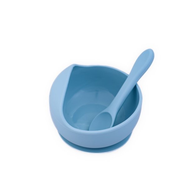 Oaki Set diversificare pentru copii castron cu ventuza si lingurita din silicon bleu