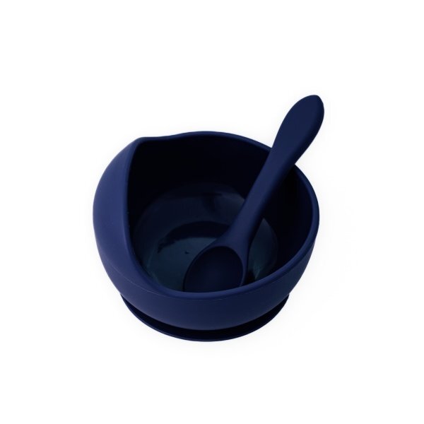 Oaki Set diversificare pentru copii castron cu ventuza si lingurita din silicon bleumarin