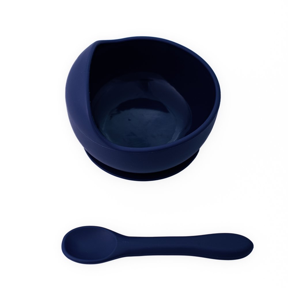 Oaki Set diversificare pentru copii castron cu ventuza si lingurita din silicon bleumarin