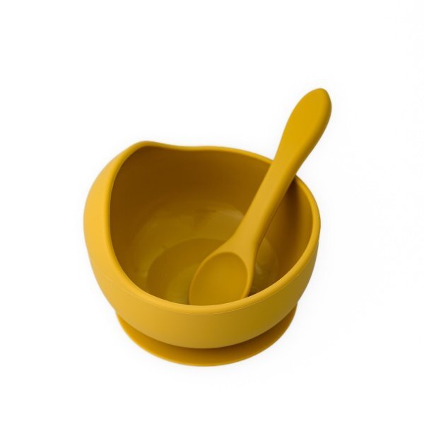 Oaki Set diversificare pentru copii castron cu ventuza si lingurita din silicon galben