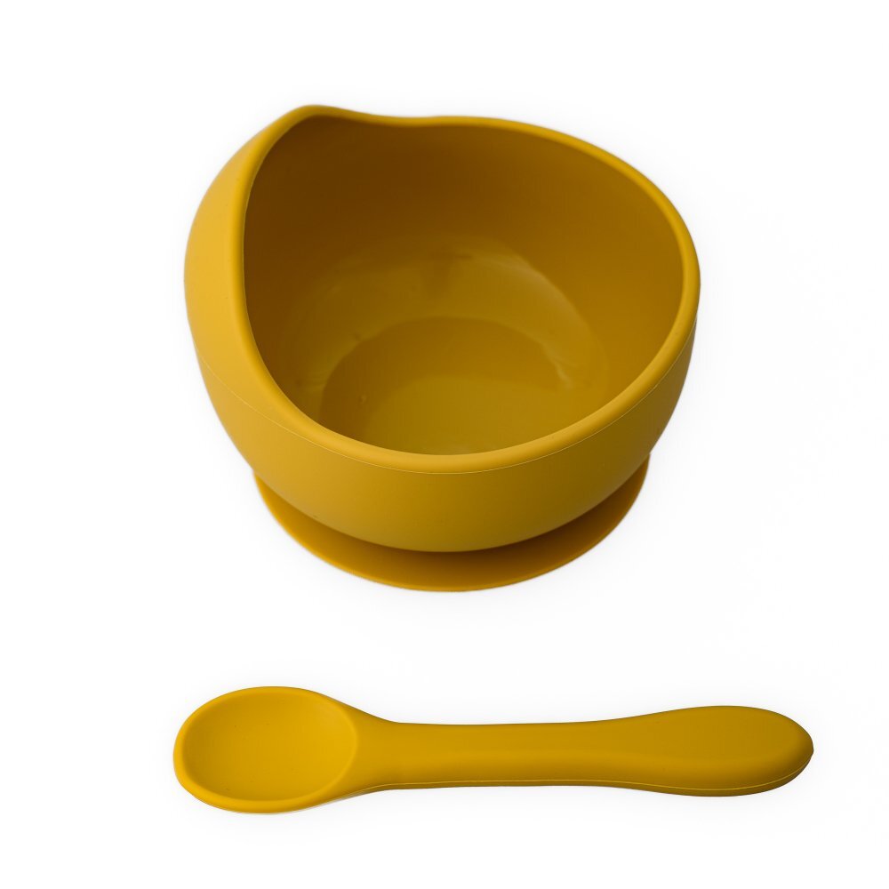 Oaki Set diversificare pentru copii castron cu ventuza si lingurita din silicon galben