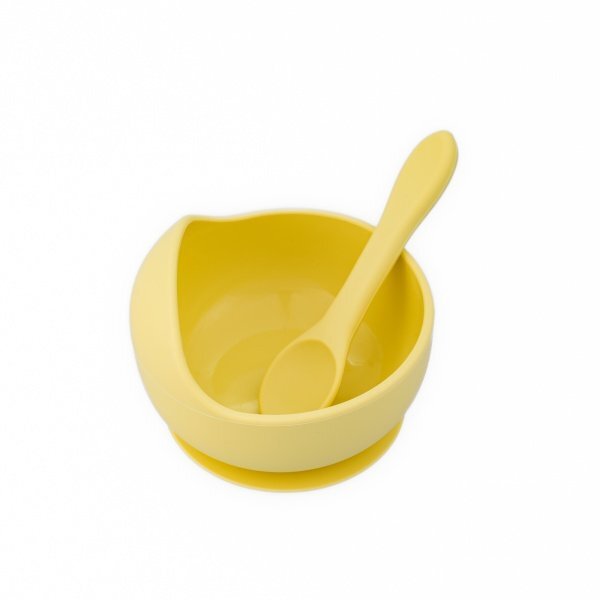 Oaki Set diversificare pentru copii castron cu ventuza si lingurita din silicon galben pal