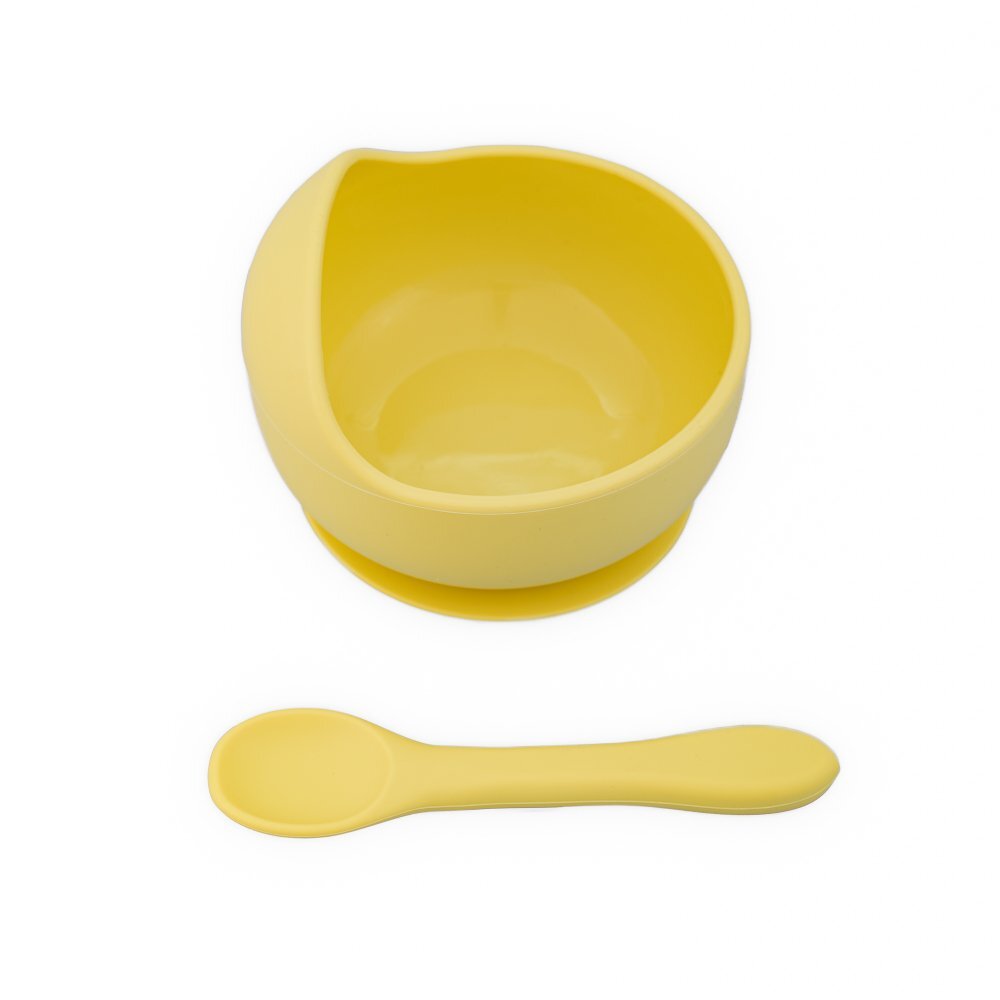 Oaki Set diversificare pentru copii castron cu ventuza si lingurita din silicon galben pal