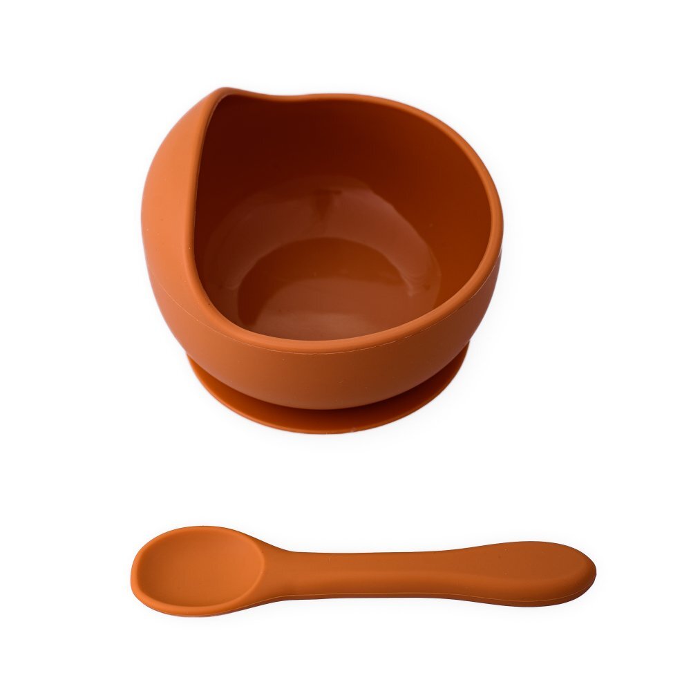 Oaki Set diversificare pentru copii castron cu ventuza si lingurita din silicon portocaliu