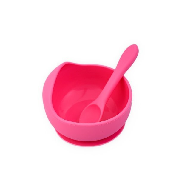 Oaki Set diversificare pentru copii castron cu ventuza si lingurita din silicon roz