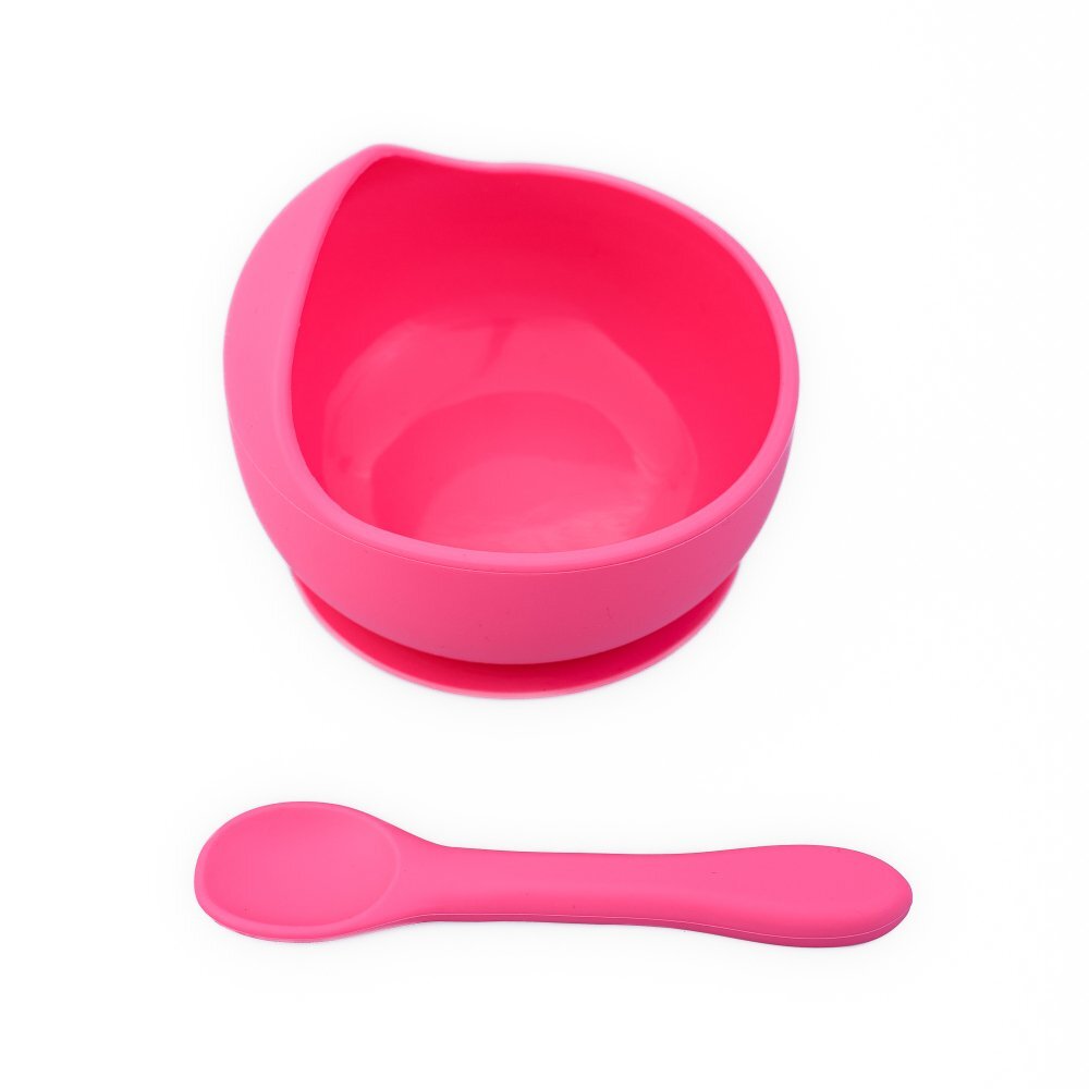 Oaki Set diversificare pentru copii castron cu ventuza si lingurita din silicon roz