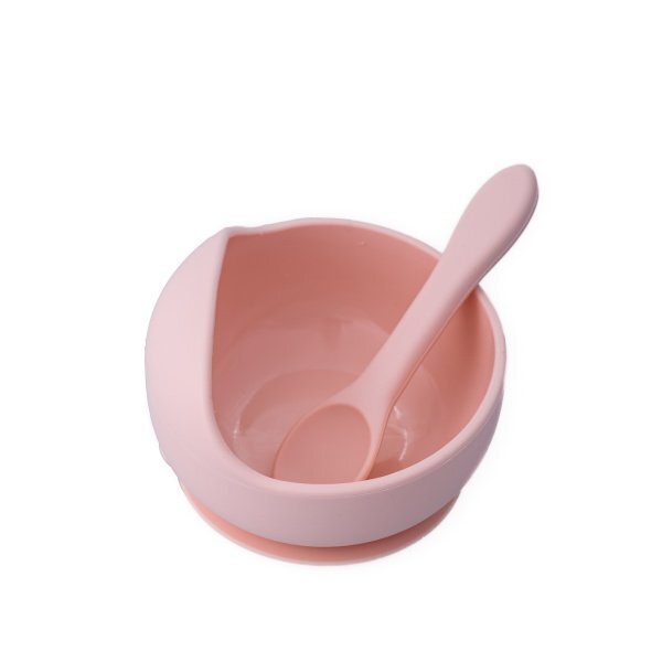 Oaki Set diversificare pentru copii castron cu ventuza si lingurita din silicon roz pal