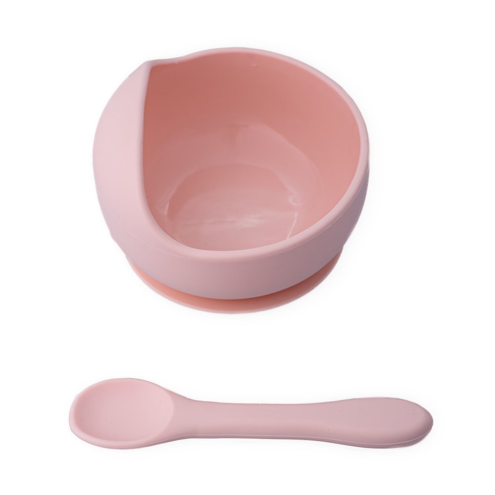Oaki Set diversificare pentru copii castron cu ventuza si lingurita din silicon roz pal