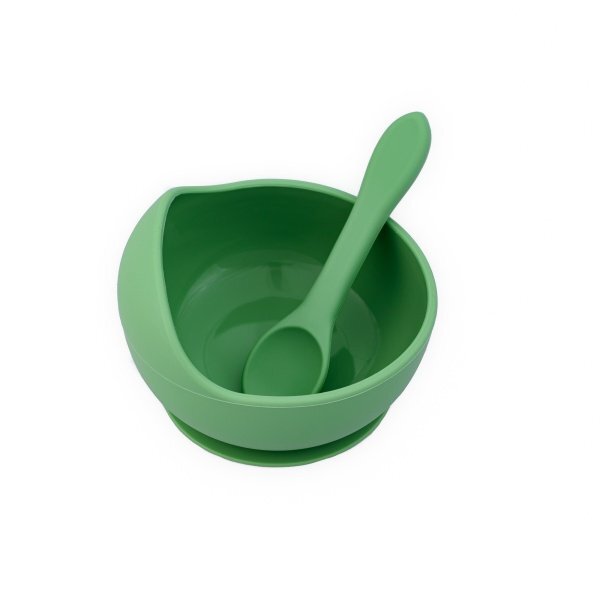 Oaki Set diversificare pentru copii castron cu ventuza si lingurita din silicon verde pal