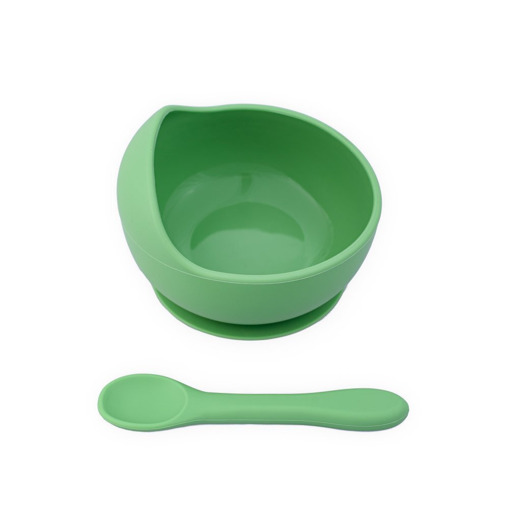 Oaki Set diversificare pentru copii castron cu ventuza si lingurita din silicon verde pal