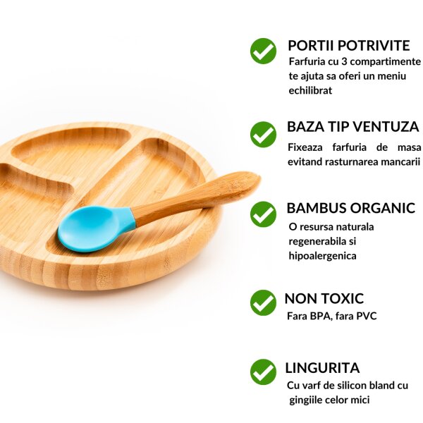 Oaki Set diversificare pentru copii castron farfurie si doua lingurite din bambus albastru