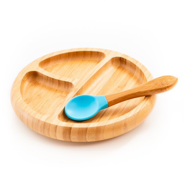 Oaki Set diversificare pentru copii castron farfurie si doua lingurite din bambus albastru