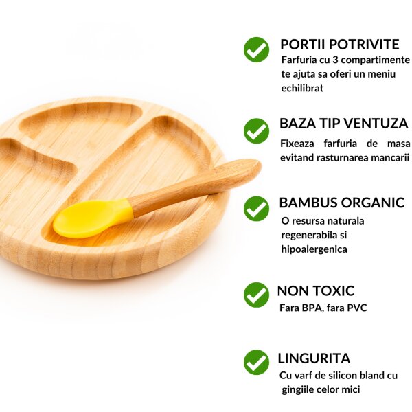 Oaki Set diversificare pentru copii castron farfurie si doua lingurite din bambus galben