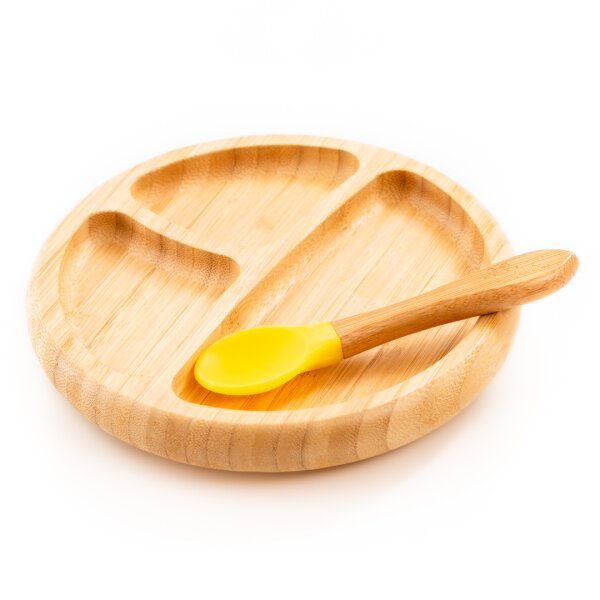 Oaki Set diversificare pentru copii castron farfurie si doua lingurite din bambus galben