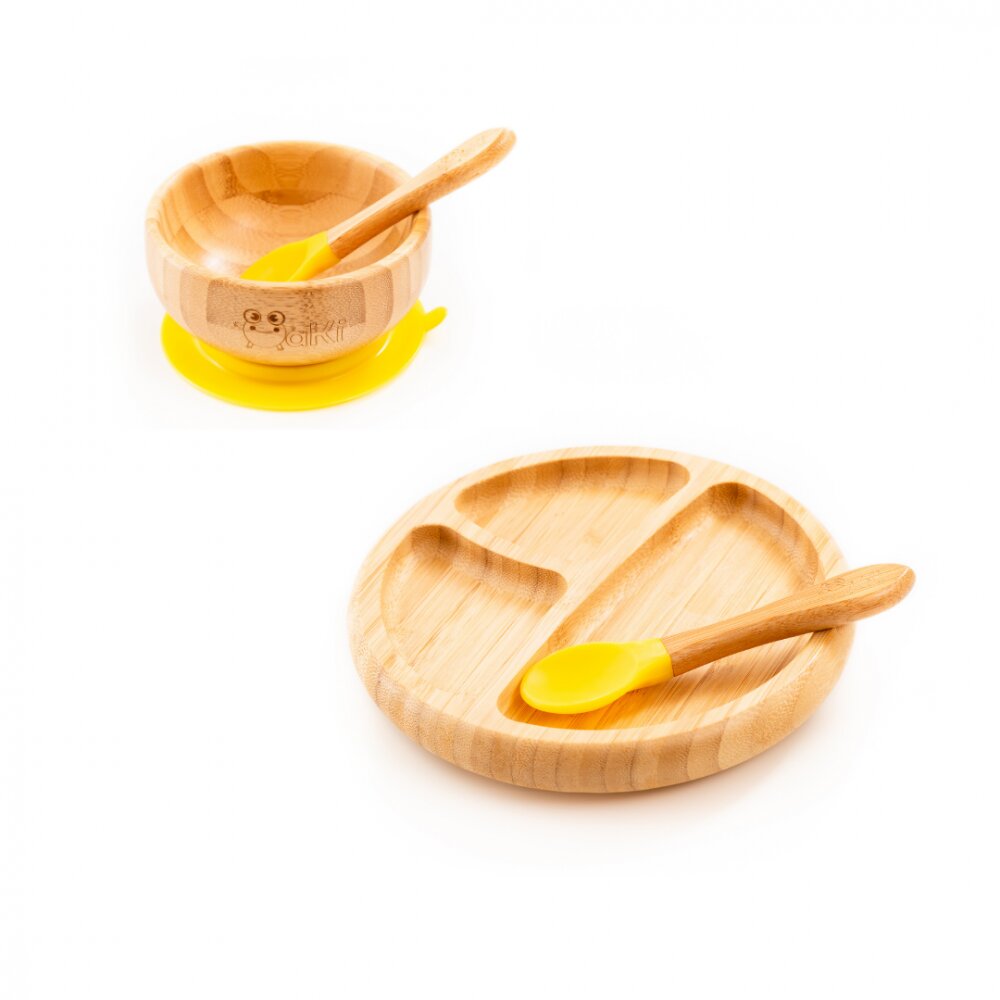 Oaki Set diversificare pentru copii castron farfurie si doua lingurite din bambus galben